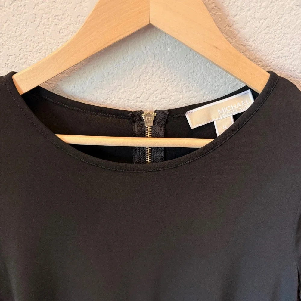 Michael Kors Shift Dress Long Sleeve Womens Black M Gold Back Zip NWT